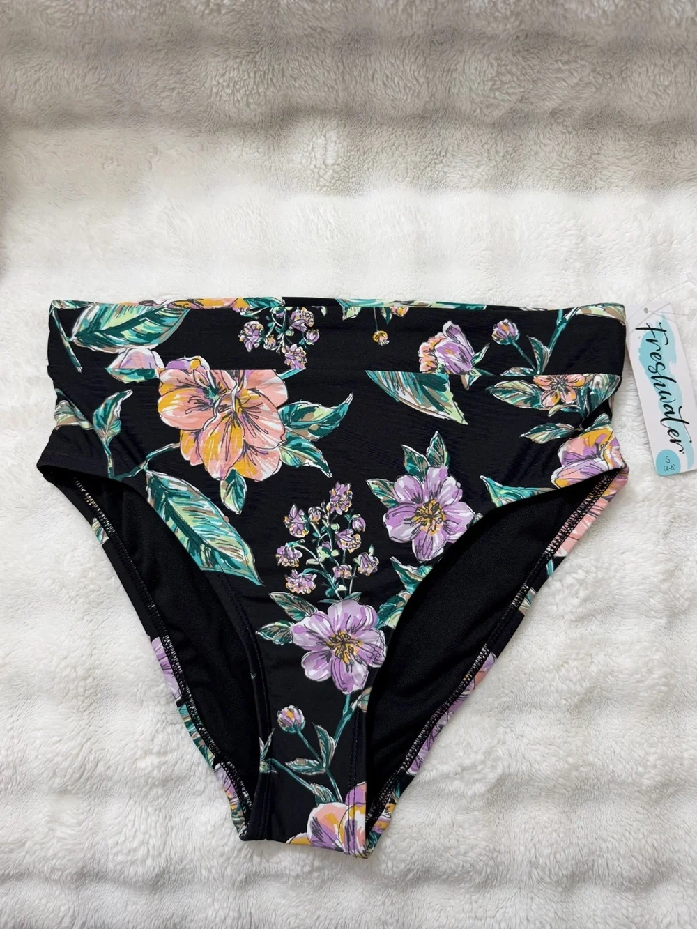 NWT Fresh Water High-Waist Tropical Print Bikini Bottoms Black Floral Size Small